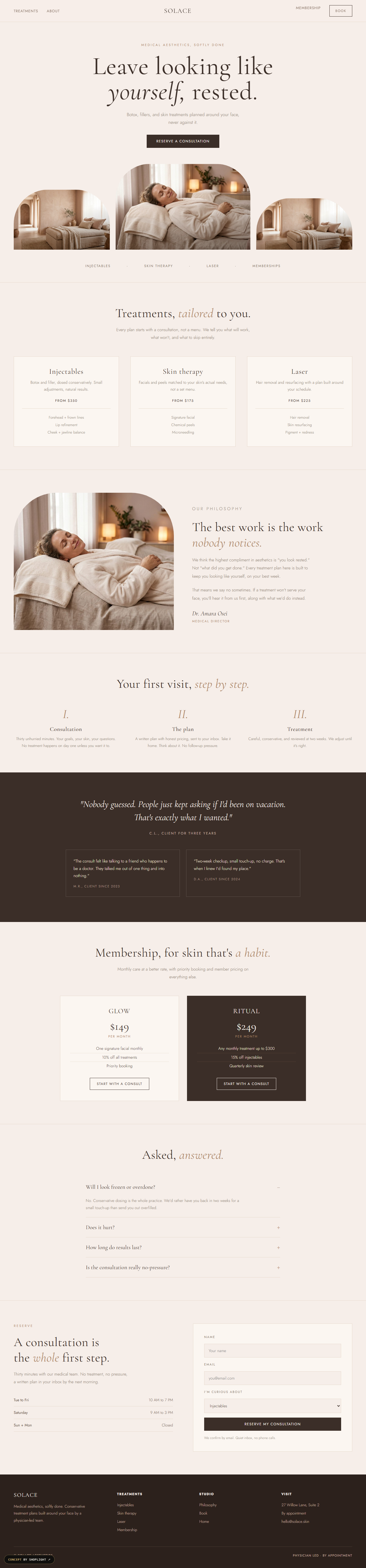 Med spa concept website, full page, slowly panning