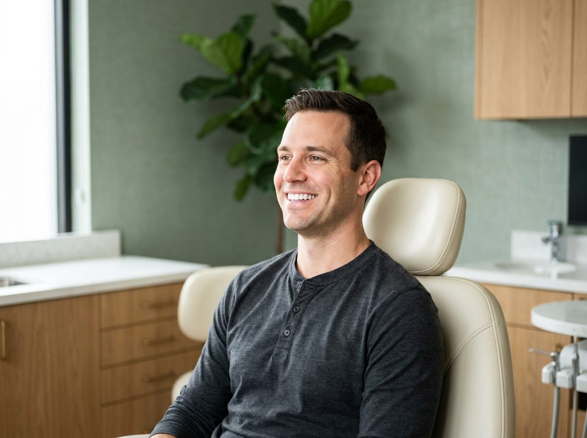 Patient smiling in the chair after a checkup